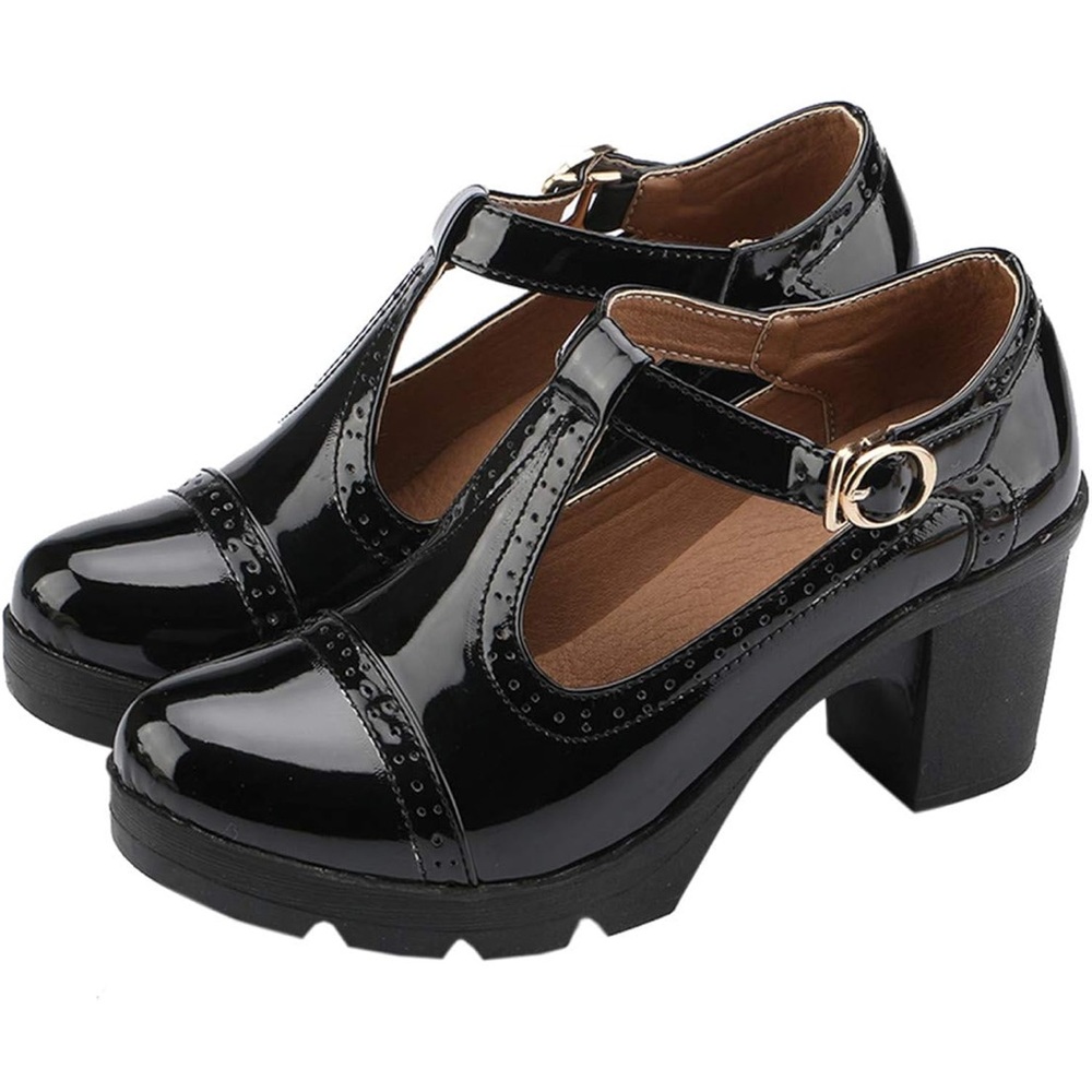 DADAWEN Women's Classic T-Strap Platform Mid-Heel Square Toe Oxfords Dress Shoes